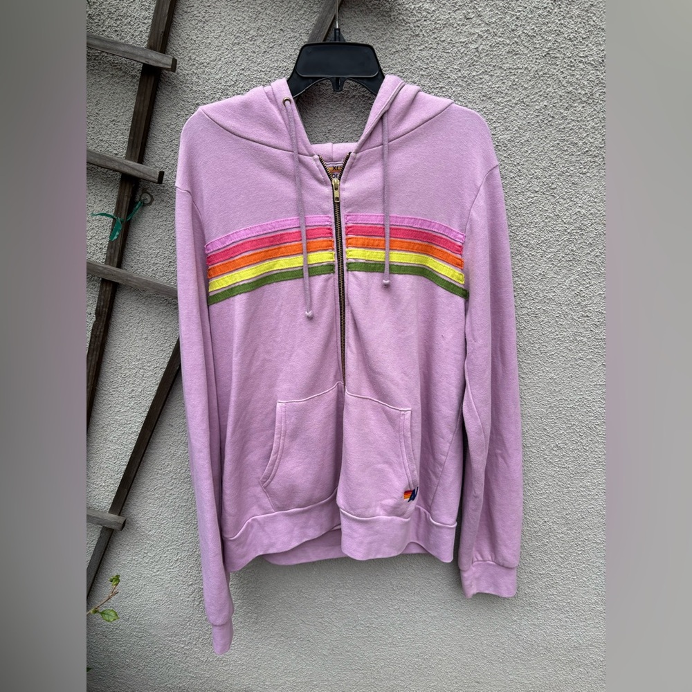 Aviator Nation 5 Stripe Zip Up Hoodie In Mauve/Pink Green